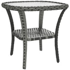 Table basse d'extérieur en rotin avec plateau en verre trempé et étagère de rangement, marron/gris