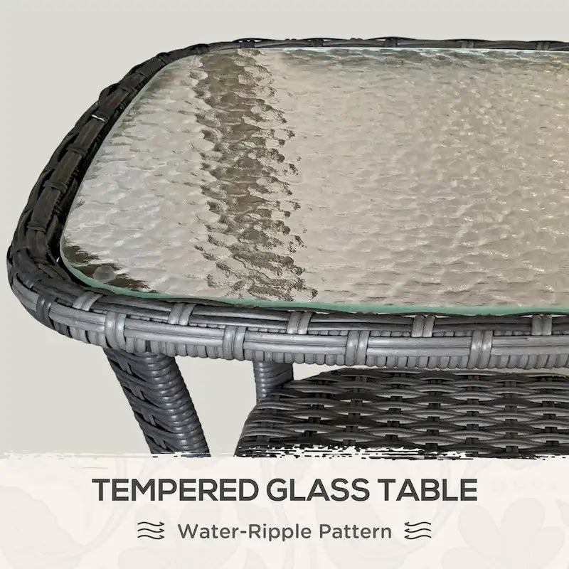 Table basse d'extérieur en rotin avec plateau en verre trempé et étagère de rangement, marron/gris