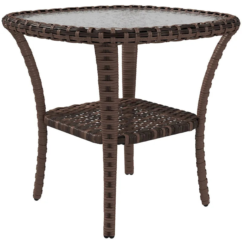 Table basse d'extérieur en rotin avec plateau en verre trempé et étagère de rangement, marron/gris