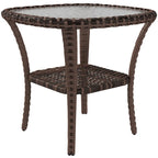 Table basse d'extérieur en rotin avec plateau en verre trempé et étagère de rangement, marron/gris