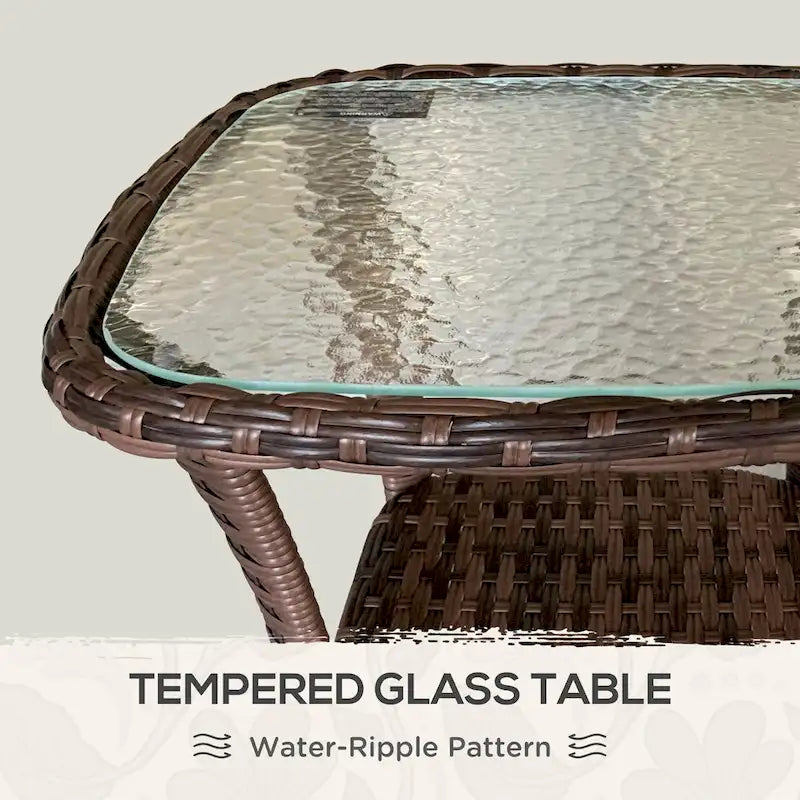 Table basse d'extérieur en rotin avec plateau en verre trempé et étagère de rangement, marron/gris