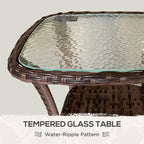 Table basse d'extérieur en rotin avec plateau en verre trempé et étagère de rangement, marron/gris