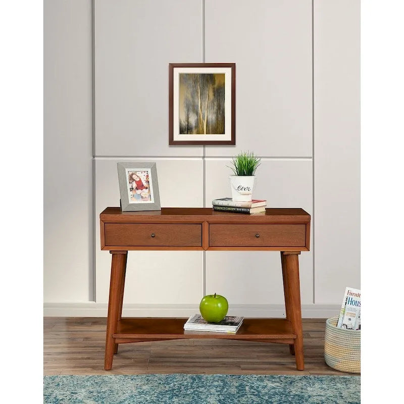 Console de style moderne du milieu du siècle avec 2 tiroirs doublés de feutre, Noyer / Marron / Blanc / Noir