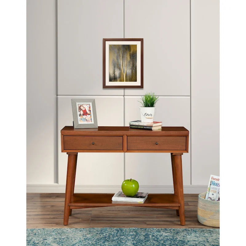 Console de style moderne du milieu du siècle avec 2 tiroirs doublés de feutre, Noyer / Marron / Blanc / Noir