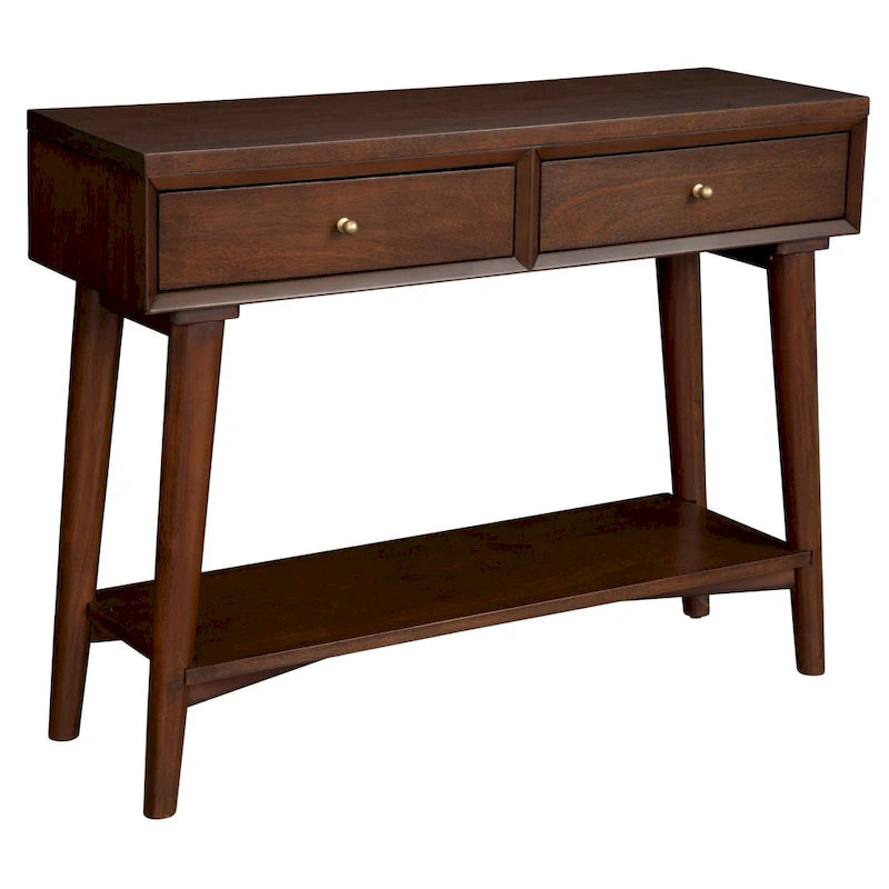 Console de style moderne du milieu du siècle avec 2 tiroirs doublés de feutre, Noyer / Marron / Blanc / Noir