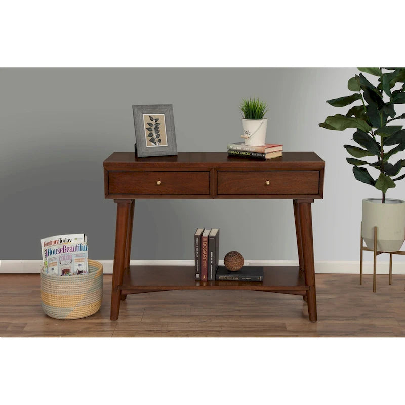 Console de style moderne du milieu du siècle avec 2 tiroirs doublés de feutre, Noyer / Marron / Blanc / Noir