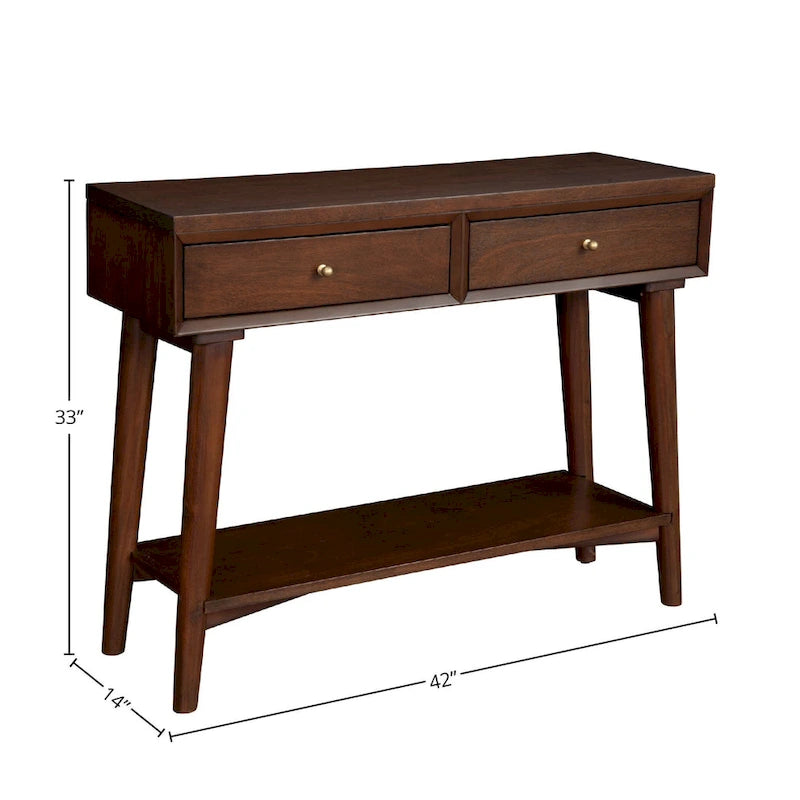 Console de style moderne du milieu du siècle avec 2 tiroirs doublés de feutre, Noyer / Marron / Blanc / Noir