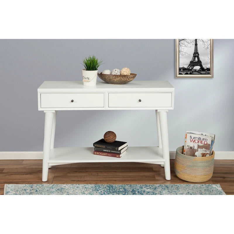 Console de style moderne du milieu du siècle avec 2 tiroirs doublés de feutre, Noyer / Marron / Blanc / Noir