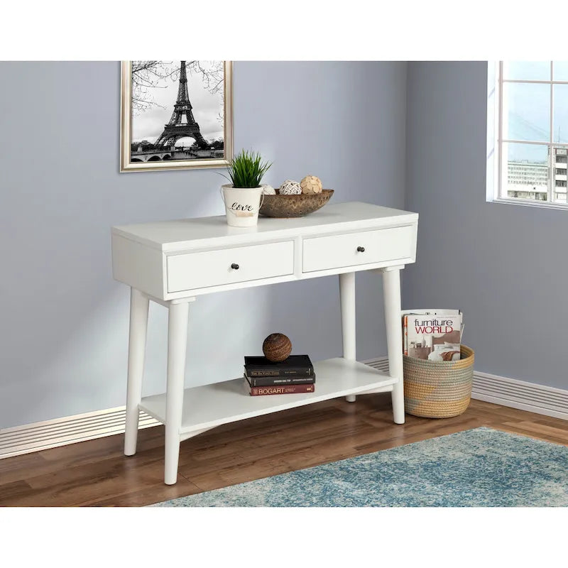 Console de style moderne du milieu du siècle avec 2 tiroirs doublés de feutre, Noyer / Marron / Blanc / Noir