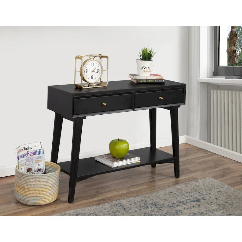 Console de style moderne du milieu du siècle avec 2 tiroirs doublés de feutre, Noyer / Marron / Blanc / Noir