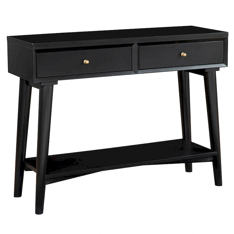 Console de style moderne du milieu du siècle avec 2 tiroirs doublés de feutre, Noyer / Marron / Blanc / Noir