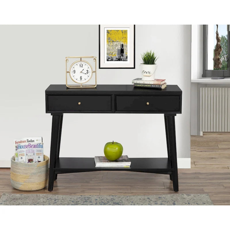 Console de style moderne du milieu du siècle avec 2 tiroirs doublés de feutre, Noyer / Marron / Blanc / Noir