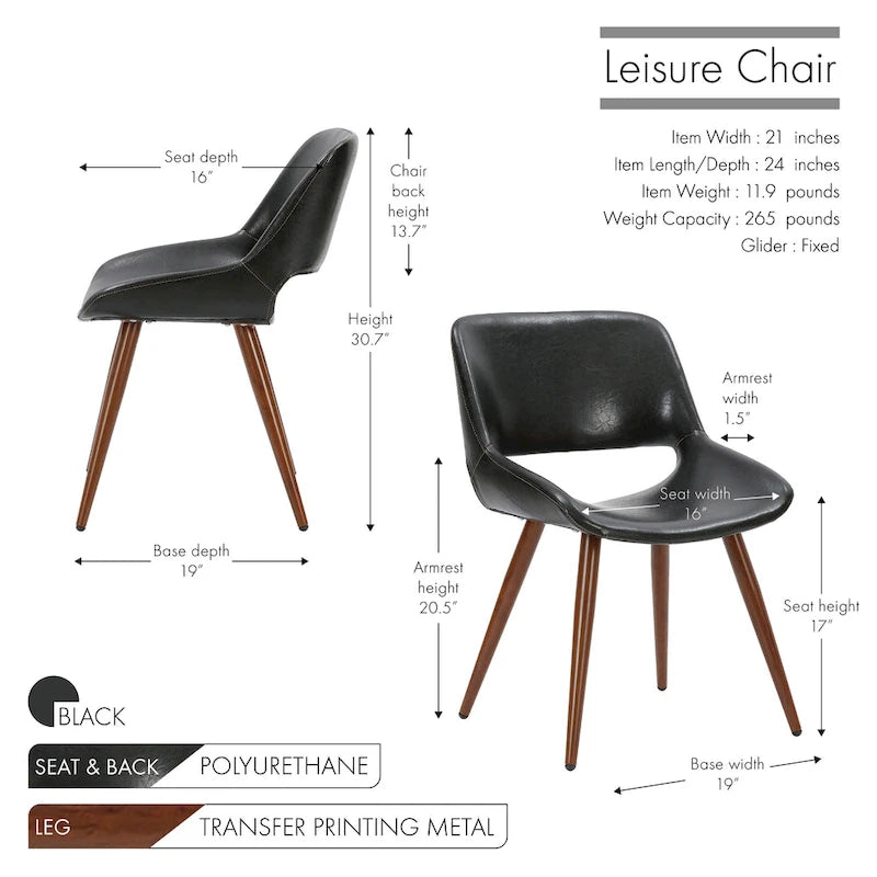 Chaise de salle à manger mi-siècle en similicuir avec pieds en métal imitation bois, noir / sable du désert / vert / jaune, à l'unité