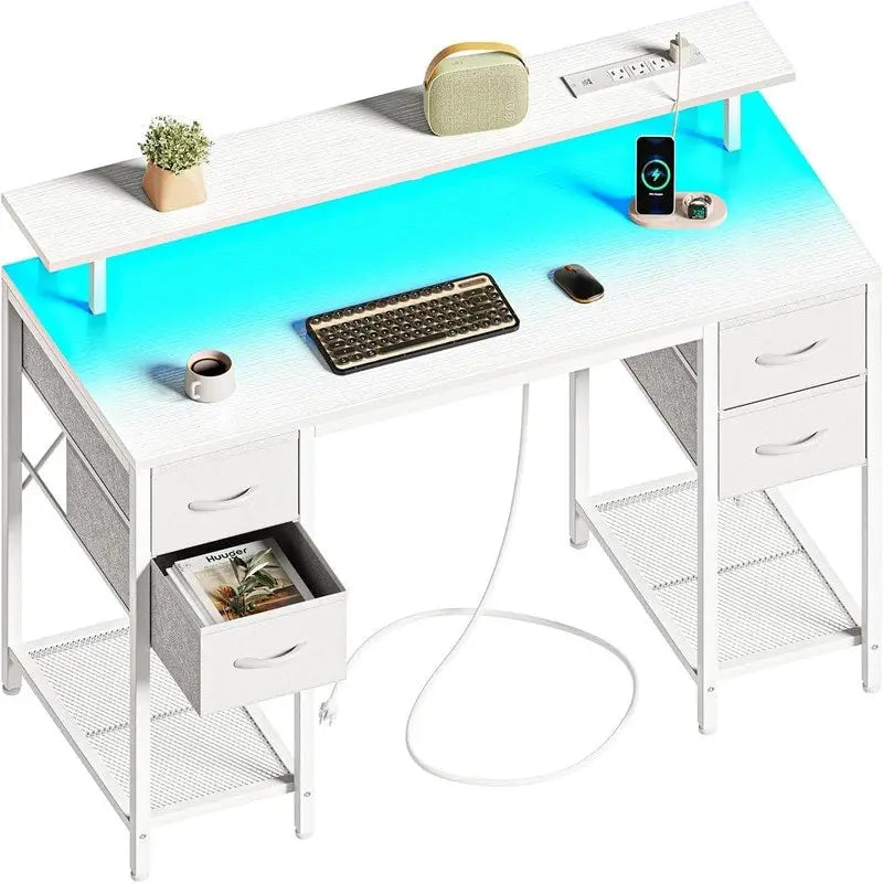 Bureau d'ordinateur 47" avec éclairage LED, 4 tiroirs en tissu et prises de courant, blanc / gris / marron rustique / noir