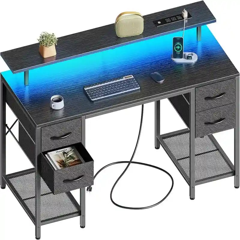 Bureau d'ordinateur 47" avec éclairage LED, 4 tiroirs en tissu et prises de courant, blanc / gris / marron rustique / noir