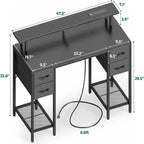 Bureau d'ordinateur 47" avec éclairage LED, 4 tiroirs en tissu et prises de courant, blanc / gris / marron rustique / noir