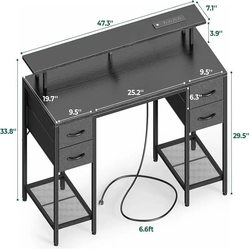 Bureau d'ordinateur 47" avec éclairage LED, 4 tiroirs en tissu et prises de courant, blanc / gris / marron rustique / noir