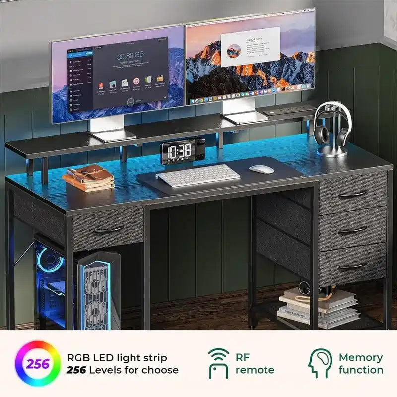 Bureau d'ordinateur 47" avec éclairage LED, 4 tiroirs en tissu et prises de courant, blanc / gris / marron rustique / noir