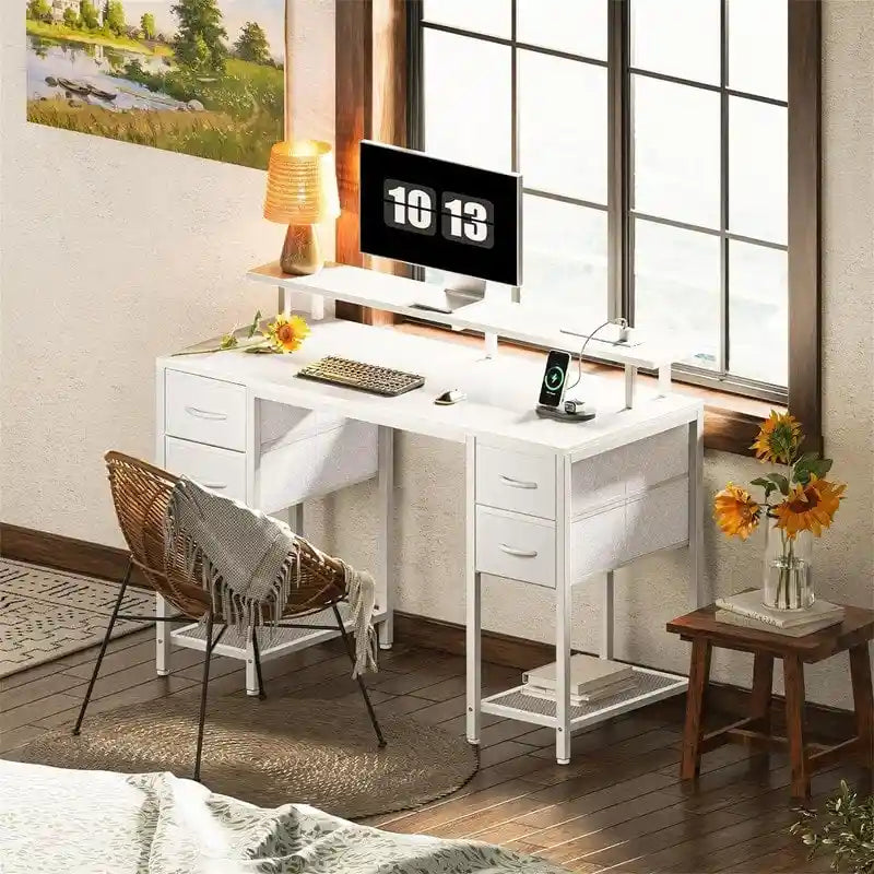 Bureau d'ordinateur 47" avec éclairage LED, 4 tiroirs en tissu et prises de courant, blanc / gris / marron rustique / noir