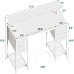 Bureau d'ordinateur 47" avec éclairage LED, 4 tiroirs en tissu et prises de courant, blanc / gris / marron rustique / noir