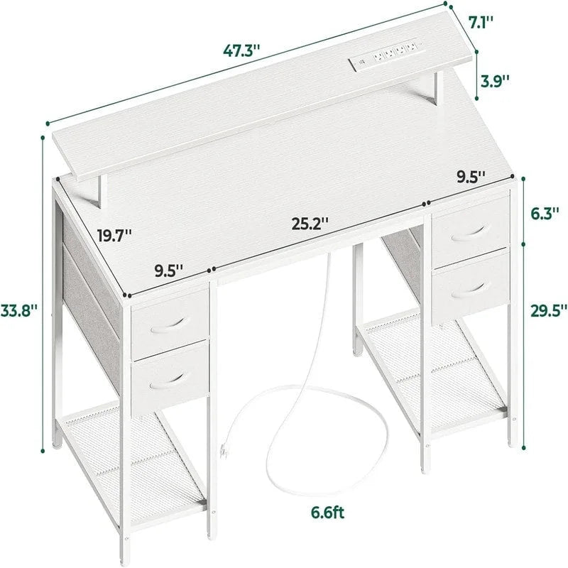 Bureau d'ordinateur 47" avec éclairage LED, 4 tiroirs en tissu et prises de courant, blanc / gris / marron rustique / noir