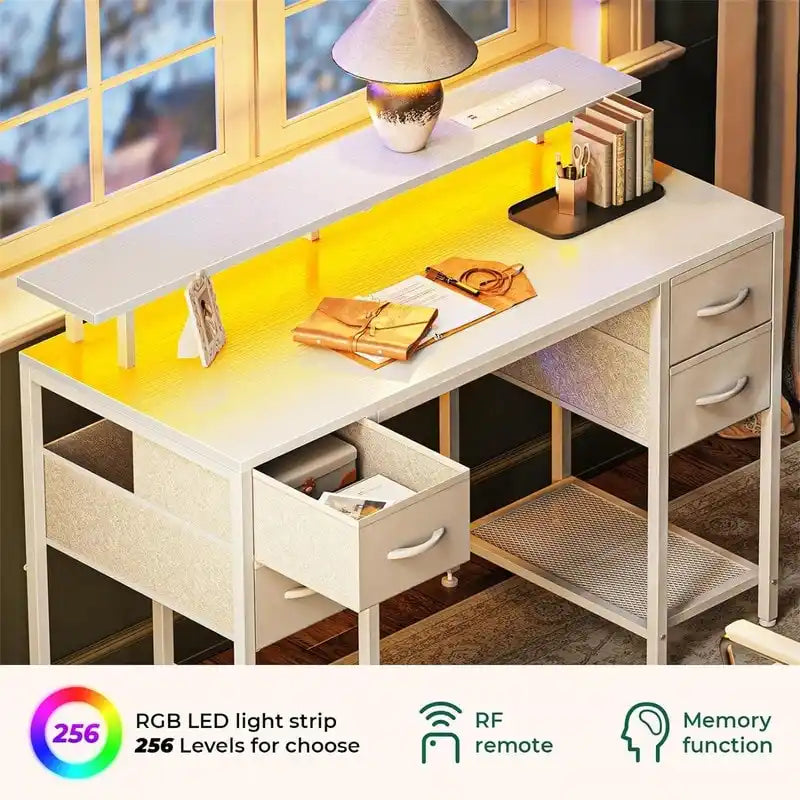 Bureau d'ordinateur 47" avec éclairage LED, 4 tiroirs en tissu et prises de courant, blanc / gris / marron rustique / noir