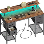 Bureau d'ordinateur 47" avec éclairage LED, 4 tiroirs en tissu et prises de courant, blanc / gris / marron rustique / noir