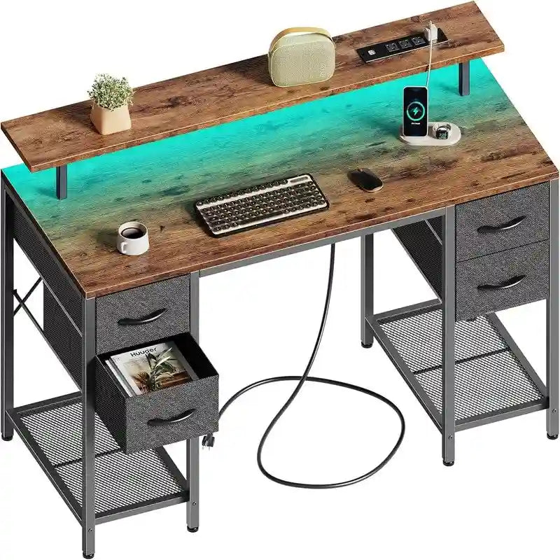 Bureau d'ordinateur 47" avec éclairage LED, 4 tiroirs en tissu et prises de courant, blanc / gris / marron rustique / noir