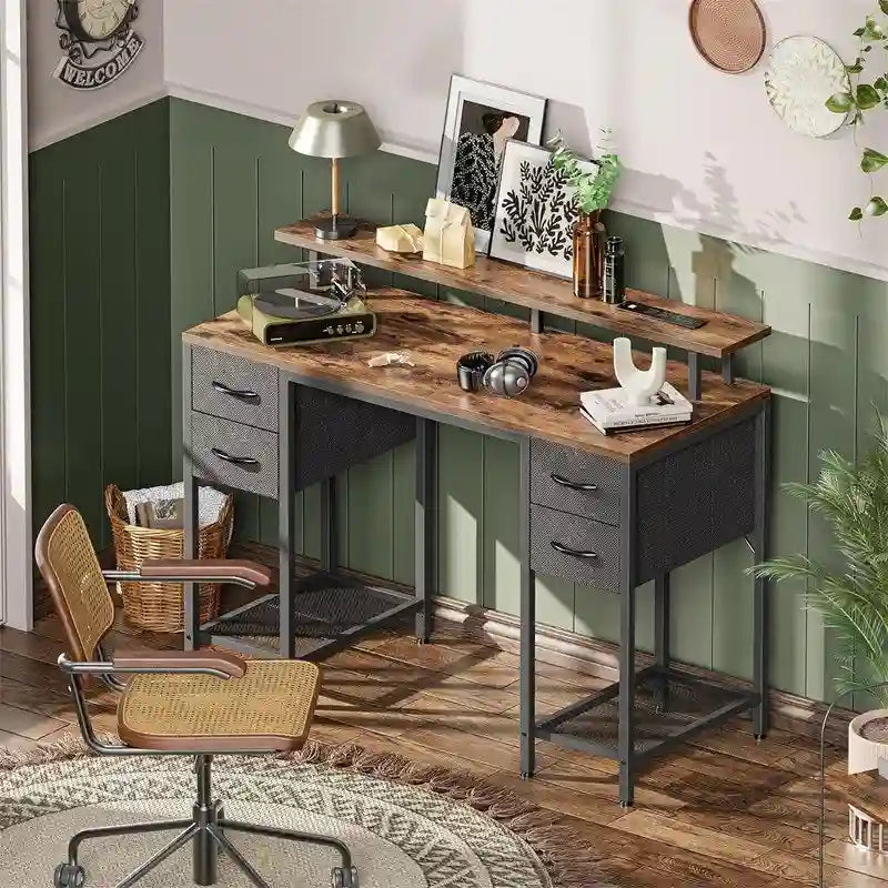 Bureau d'ordinateur 47" avec éclairage LED, 4 tiroirs en tissu et prises de courant, blanc / gris / marron rustique / noir