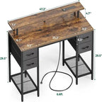 Bureau d'ordinateur 47" avec éclairage LED, 4 tiroirs en tissu et prises de courant, blanc / gris / marron rustique / noir