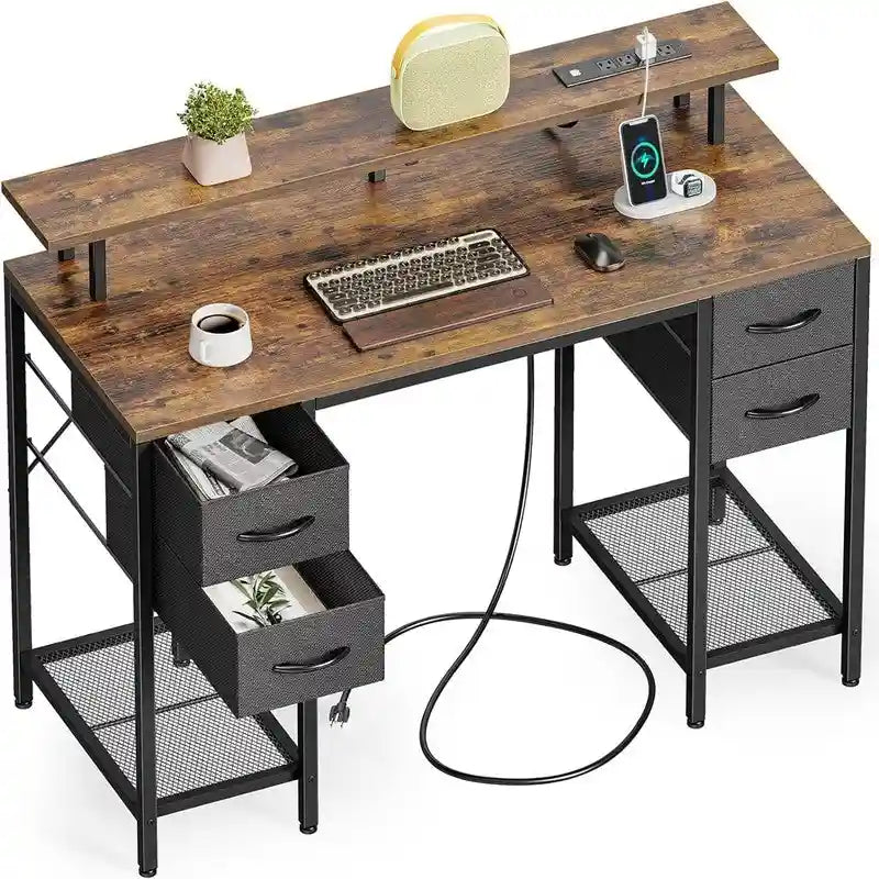 Bureau d'ordinateur 47" avec éclairage LED, 4 tiroirs en tissu et prises de courant, blanc / gris / marron rustique / noir