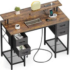 Bureau d'ordinateur 47" avec éclairage LED, 4 tiroirs en tissu et prises de courant, blanc / gris / marron rustique / noir