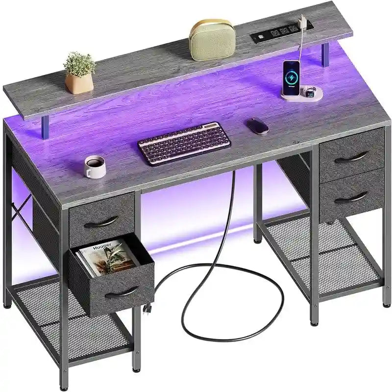 Bureau d'ordinateur 47" avec éclairage LED, 4 tiroirs en tissu et prises de courant, blanc / gris / marron rustique / noir