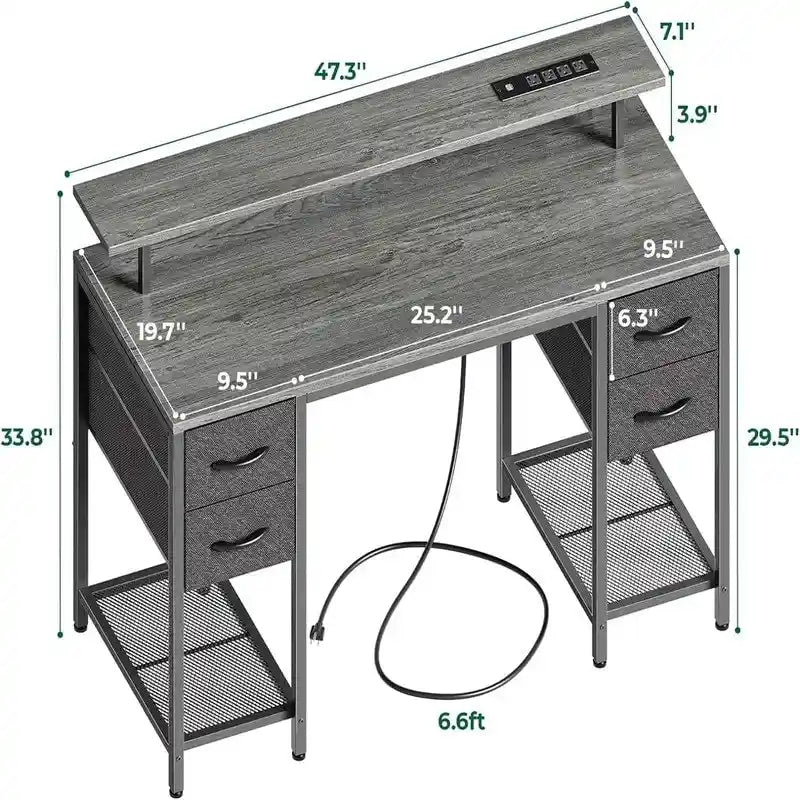 Bureau d'ordinateur 47" avec éclairage LED, 4 tiroirs en tissu et prises de courant, blanc / gris / marron rustique / noir