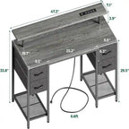 Bureau d'ordinateur 47" avec éclairage LED, 4 tiroirs en tissu et prises de courant, blanc / gris / marron rustique / noir