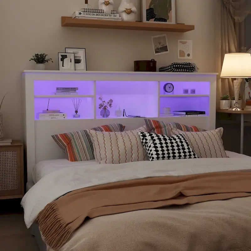 Tête de lit bibliothèque en bois 65" avec lumière LED, avec / sans prise de courant