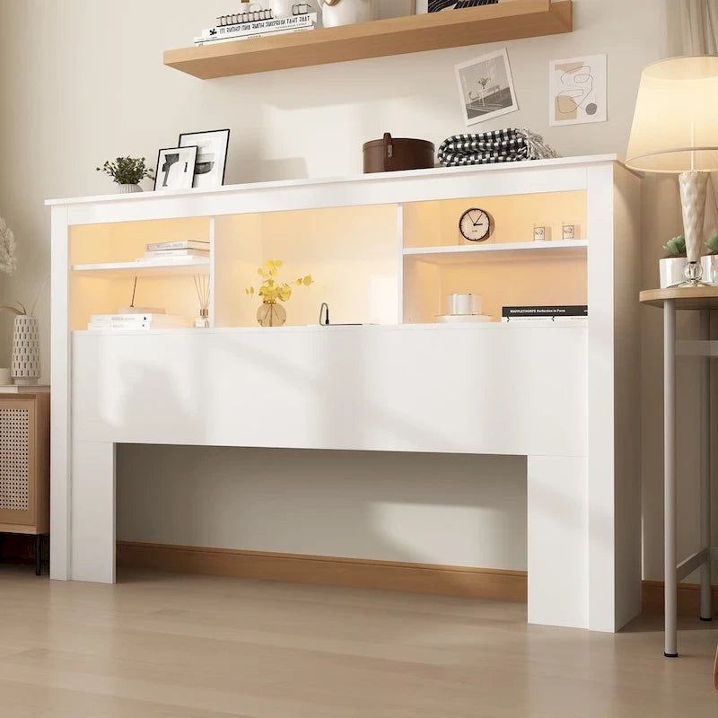 Tête de lit bibliothèque en bois 65" avec lumière LED, avec / sans prise de courant