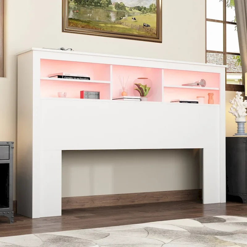 Tête de lit bibliothèque en bois 65" avec lumière LED, avec / sans prise de courant