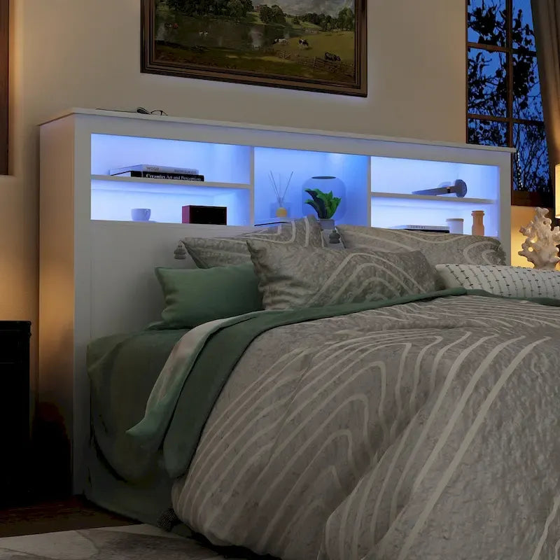 Tête de lit bibliothèque en bois 65" avec lumière LED, avec / sans prise de courant