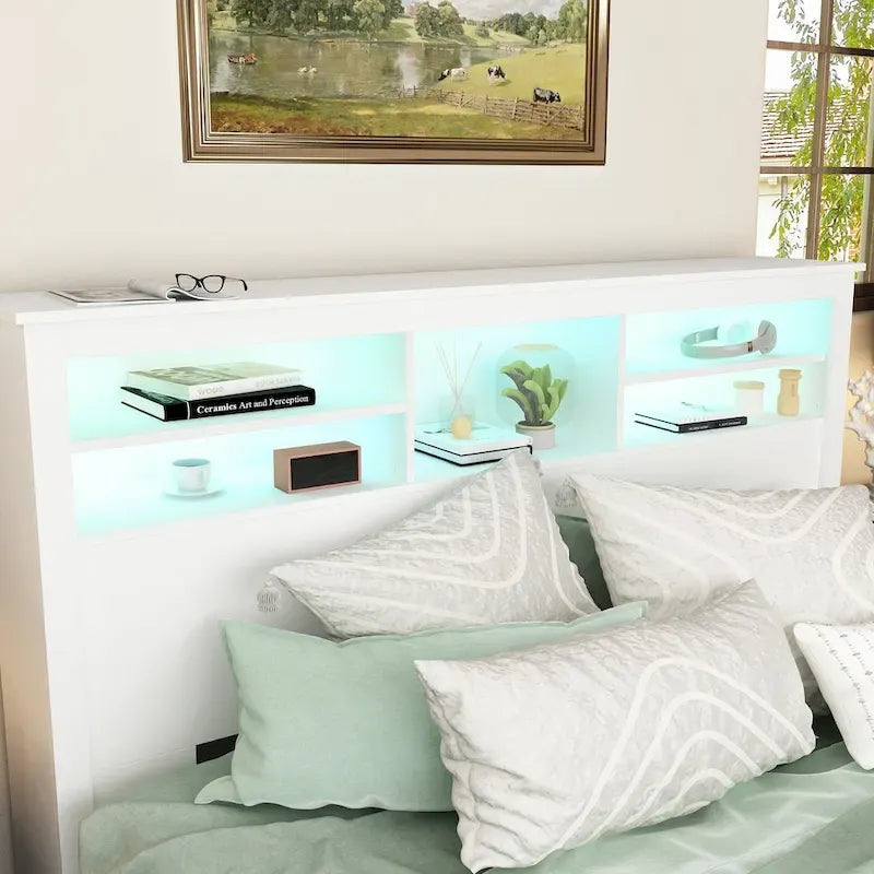 Tête de lit bibliothèque en bois 65" avec lumière LED, avec / sans prise de courant