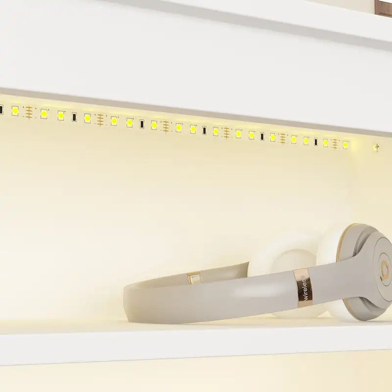 Tête de lit bibliothèque en bois 65" avec lumière LED, avec / sans prise de courant