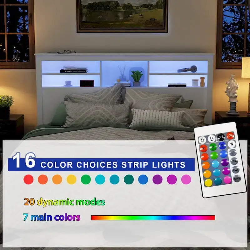 Tête de lit bibliothèque en bois 65" avec lumière LED, avec / sans prise de courant