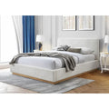 Lit plateforme rembourré Queen avec plinthe en bois, Boucle crème / Tissu gris
