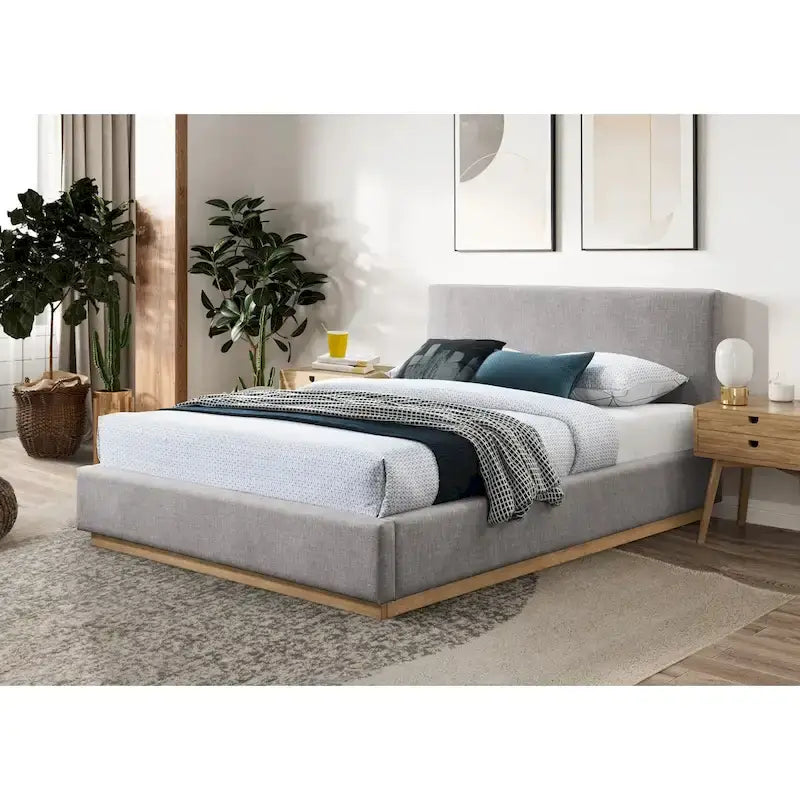 Lit plateforme rembourré Queen avec plinthe en bois, Boucle crème / Tissu gris