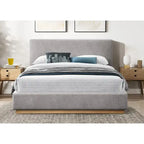 Lit plateforme rembourré Queen avec plinthe en bois, Boucle crème / Tissu gris