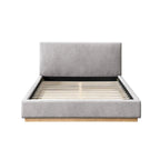 Lit plateforme rembourré Queen avec plinthe en bois, Boucle crème / Tissu gris