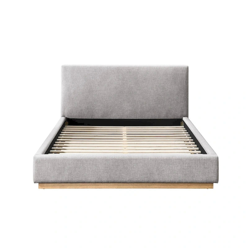 Lit plateforme rembourré Queen avec plinthe en bois, Boucle crème / Tissu gris