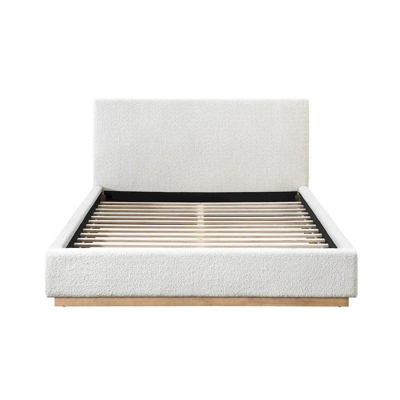 Lit plateforme rembourré Queen avec plinthe en bois, Boucle crème / Tissu gris