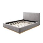 Lit plateforme rembourré Queen avec plinthe en bois, Boucle crème / Tissu gris