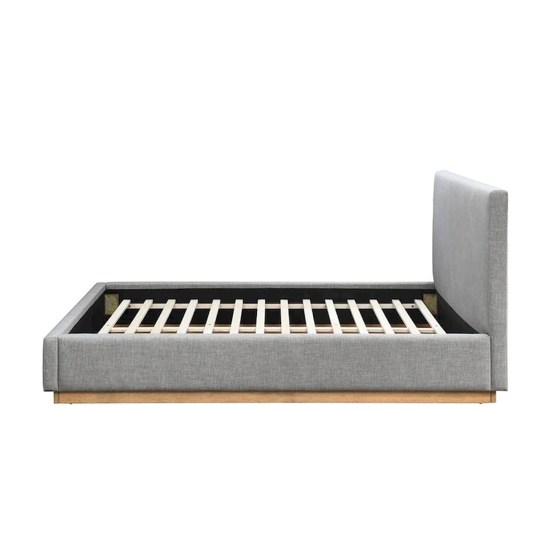 Lit plateforme rembourré Queen avec plinthe en bois, Boucle crème / Tissu gris